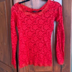 ✨3/15✨ Red lace long sleeve shirt, size small, Moda International Brand